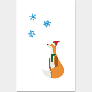 Christmas Fox watching falling Snowflakes Posters and Art